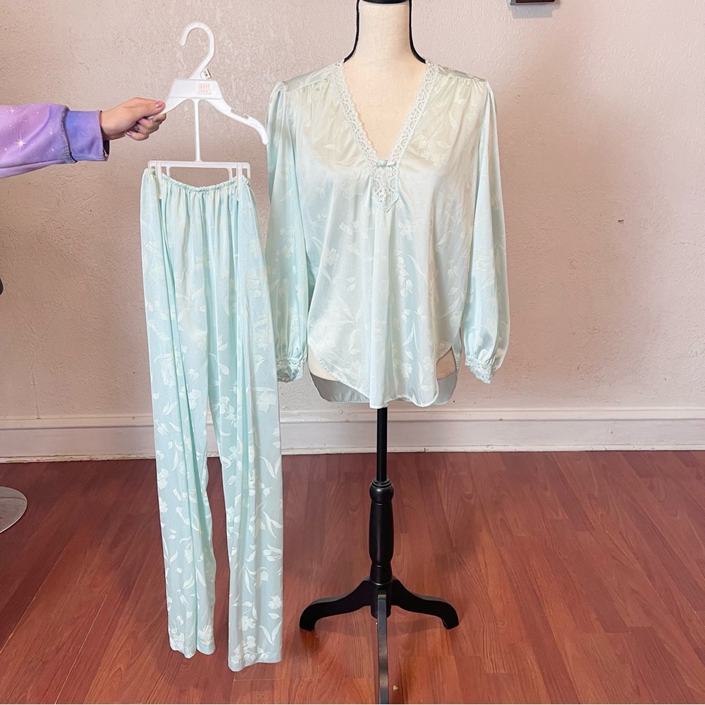 Vintage 1980s Miss Elaine Blue Nylon Pajama Pants Set Women's Small